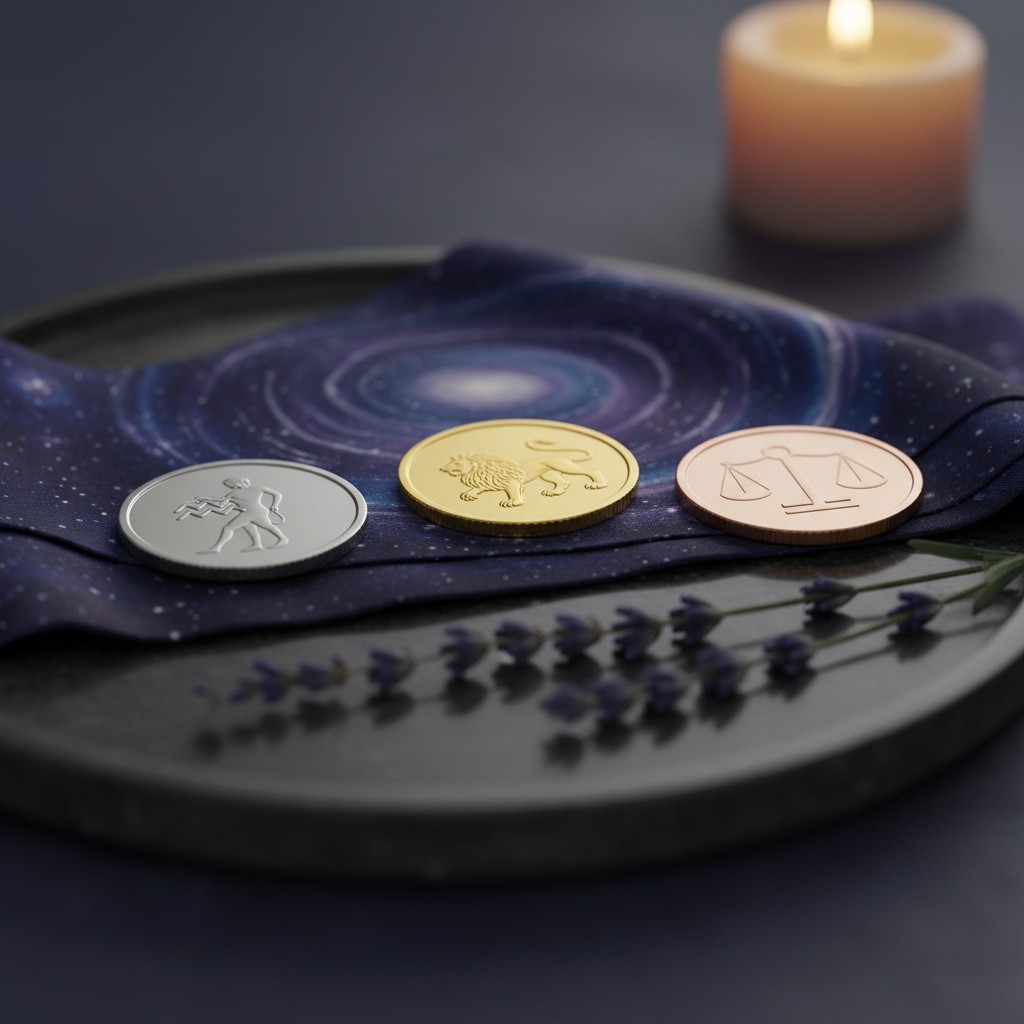 Three astrology coins, a light, a candle and some flowers are laid on a table.
